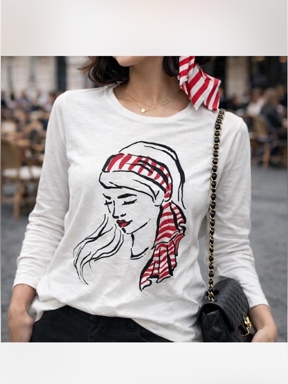 Chico’s White Long Sleeves Printed Tee XXL Chico’s 4 French Girl Parisian Artsy